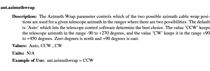 $\textstyle \parbox{6.25in}{
\begin{description}
\item [ant.azimuthwrap]&nbsp;&nbsp;&nbsp;
\...
...ues:]
\item[YGOR to GO mapping:]
}{}
\end{description} \end{description}}$