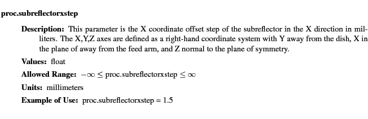 $\textstyle \parbox{6.25in}{
\begin{description}
\item [proc.subreflectorxstep...
...nge:]
\item[YGOR to GO mapping:]
}{}
\end{description} \end{description}}$