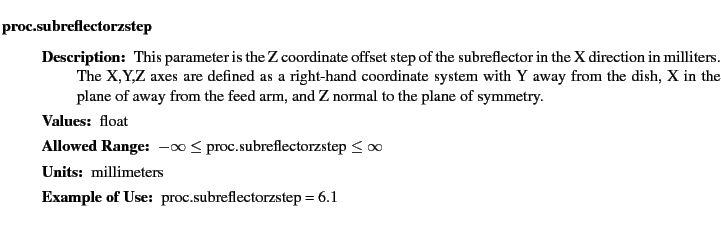 $\textstyle \parbox{6.25in}{
\begin{description}
\item [proc.subreflectorzstep...
...nge:]
\item[YGOR to GO mapping:]
}{}
\end{description} \end{description}}$