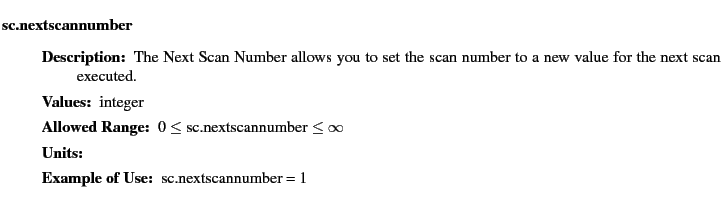 $\textstyle \parbox{6.25in}{
\begin{description}
\item [sc.nextscannumber]~~~ ...
...nge:]
\item[YGOR to GO mapping:]
}{}
\end{description} \end{description}}$