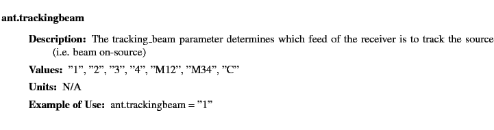 $\textstyle \parbox{6.25in}{
\begin{description}
\item [ant.trackingbeam]~~~
...
...ues:]
\item[YGOR to GO mapping:]
}{}
\end{description} \end{description}}$