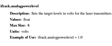 $\textstyle \parbox{6.25in}{
\begin{description}
\item [ifrack.analogpowerleve...
...r:]
\item[YGOR to GO mapping:]
}{}
\end{description} \end{description}
}$