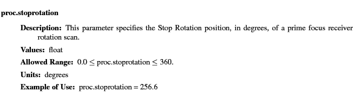 $\textstyle \parbox{6.25in}{
\begin{description}
\item [proc.stoprotation]~~~ ...
...nge:]
\item[YGOR to GO mapping:]
}{}
\end{description} \end{description}}$