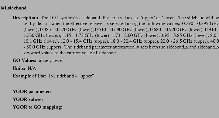 $\textstyle \parbox{6.25in}{
\begin{description}
\item [lo1.sideband]   
\beg...
...ues:]
\item[YGOR to GO mapping:]
}{}
\end{description} \end{description}}$