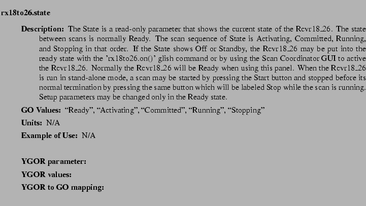 $\textstyle \parbox{6.25in}{
\begin{description}
\item [rx18to26.state]   
\b...
...ues:]
\item[YGOR to GO mapping:]
}{}
\end{description} \end{description}}$