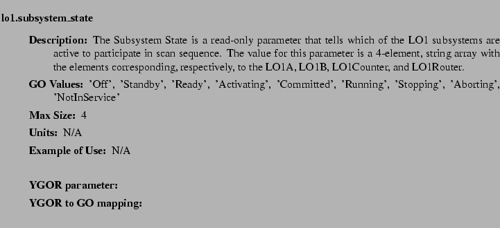 $\textstyle \parbox{6.25in}{
\begin{description}
\item [lo1.subsystem\_state] ...
...ter:]
\item[YGOR to GO mapping:]
}{}
\end{description} \end{description}}$