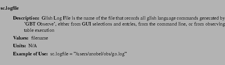 $\textstyle \parbox{6.25in}{
\begin{description}
\item [sc.logfile]~~~
\begin...
...ues:]
\item[YGOR to GO mapping:]
}{}
\end{description} \end{description}}$