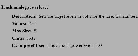 $\textstyle \parbox{6.25in}{
\begin{description}
\item [ifrack.analogpowerleve...
...r:]
\item[YGOR to GO mapping:]
}{}
\end{description} \end{description}
}$