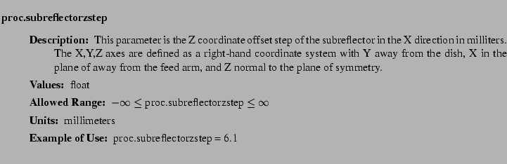 $\textstyle \parbox{6.25in}{
\begin{description}
\item [proc.subreflectorzstep...
...nge:]
\item[YGOR to GO mapping:]
}{}
\end{description} \end{description}}$